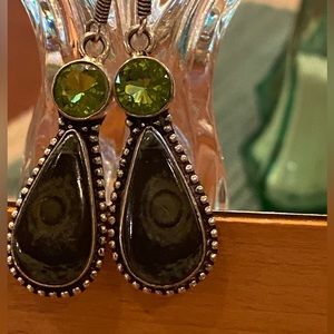 Peridot & Green Jasper Teardrop Sterling Earrings Excellent Condition
